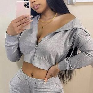 Women's gray Zip-Up Hoodie Crop Top